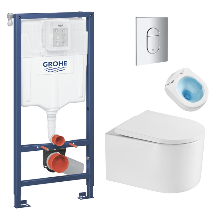 Grohe Pack WC Bâti-support + WC sans bride Tornado Quiet SAT Delano + Abattant softclose + Plaque Chrome