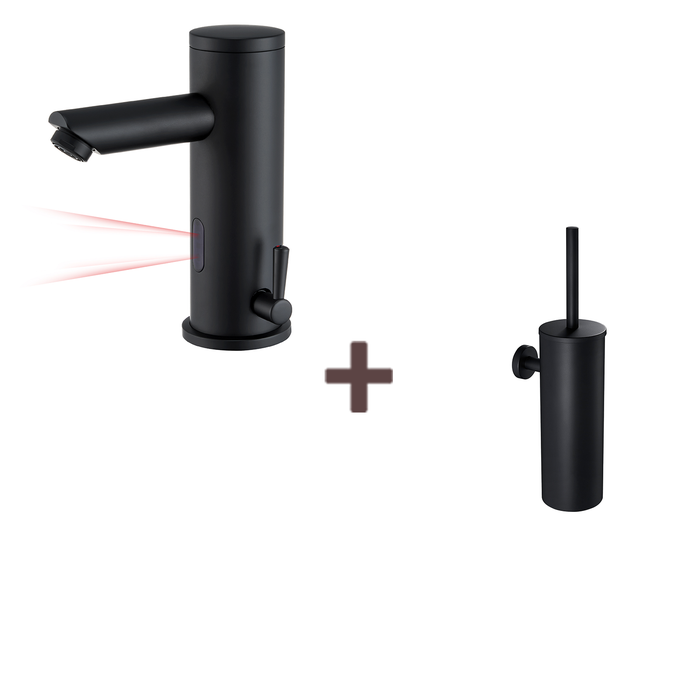 Auralum Robinet de lavabo infrarouge Noir entièrement automatique+Brosse Toilettes WC Suspendu avec Support de Brosse, Acier INOX,Noir