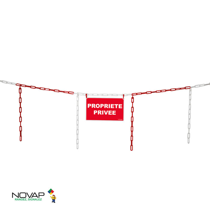 Kit de délimitation barrière de chaîne 5m rouge/blanc et panneau propriété privée - 1365070