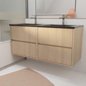 Meuble de salle de bains 120 cm 4 Tiroirs Chêne Clair + Vasque Double Céramique Noire - XENOS