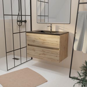 Meuble de salle de bains 80 cm 2 Tiroirs Chêne Naturel + Vasque Céramique Noire - TIMBER