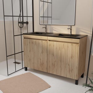 Meuble de salle de bains 120 cm 4 Portes Chêne Naturel + Vasque Double Céramique Noire - TIMBER