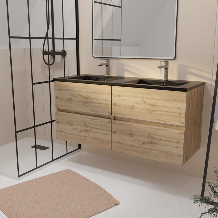 Meuble de salle de bains 120 cm 4 Tiroirs Chêne Naturel + Vasque Double Céramique Noire - TIMBER