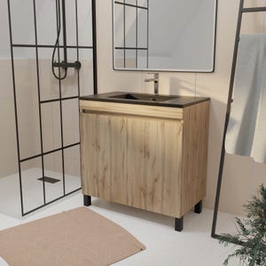 Meuble de salle de bains 80 cm 2 Portes Chêne Naturel + Vasque Céramique Noire - TIMBER