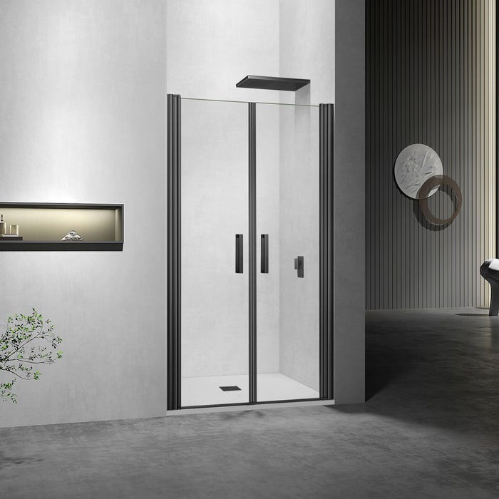 GRAND VERRE Porte de douche battante 80x197 à largeur réglable cm verre 6mm et profilés noirs
