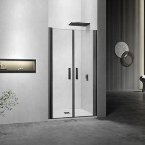 GRAND VERRE Porte de douche battante 110x197 à largeur réglable cm verre 6mm et profilés noirs
