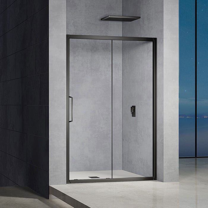 GRAND VERRE Porte de douche 150x185 ouverture coulissante en verre securit 6mm transparent et cadre noir mat