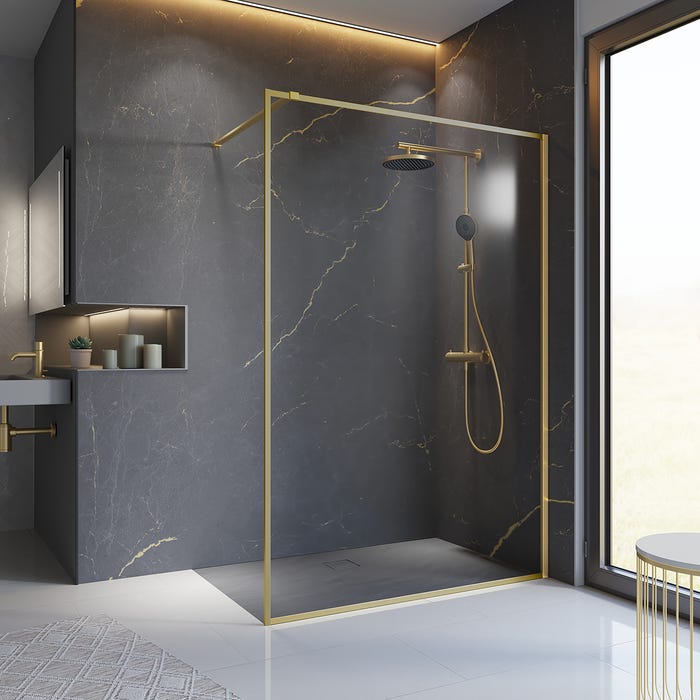Schulte Paroi de douche à l'italienne dorée, 140x200 cm, verre de sécurité transparent 6 mm, encadrement alu or mat, Walk In, traitement anticalcaire
