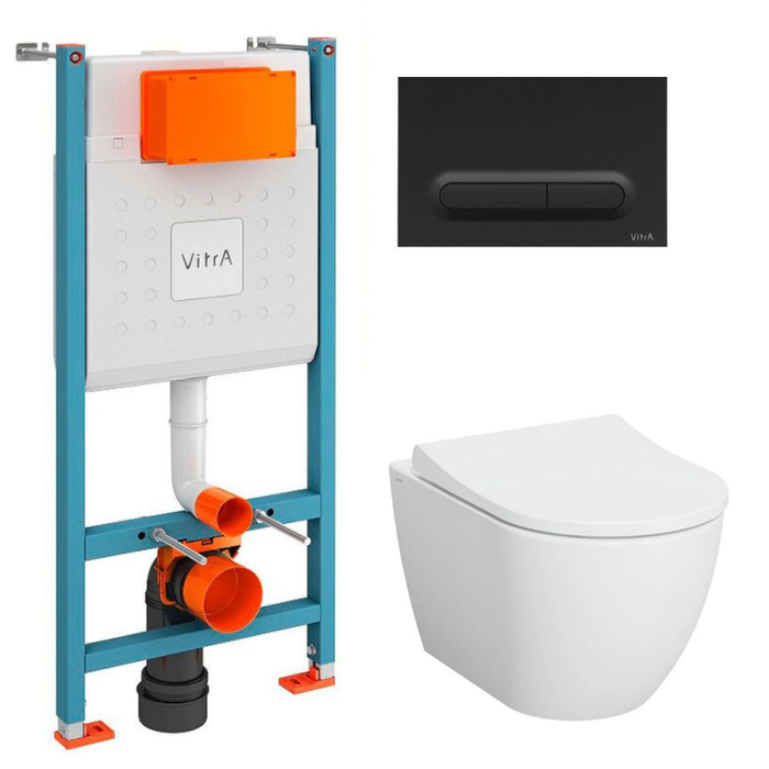 Vitra V-Fix Core Pack WC bâti-support + WC sans bride Vitra S60 + Abattant SoftClose + Plaque noir mat (V-FixS60-6)