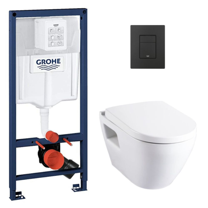 Grohe Pack WC Bâti-support RapidSL + WC Serel SM10 + Abattant softclose + Plaque Noir mat anti-empreintes