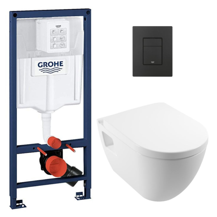 Grohe Pack WC Bâti-support RapidSL + WC sans bride Serel SM26 + Abattant softclose + Plaque Noir mat anti-empreintes