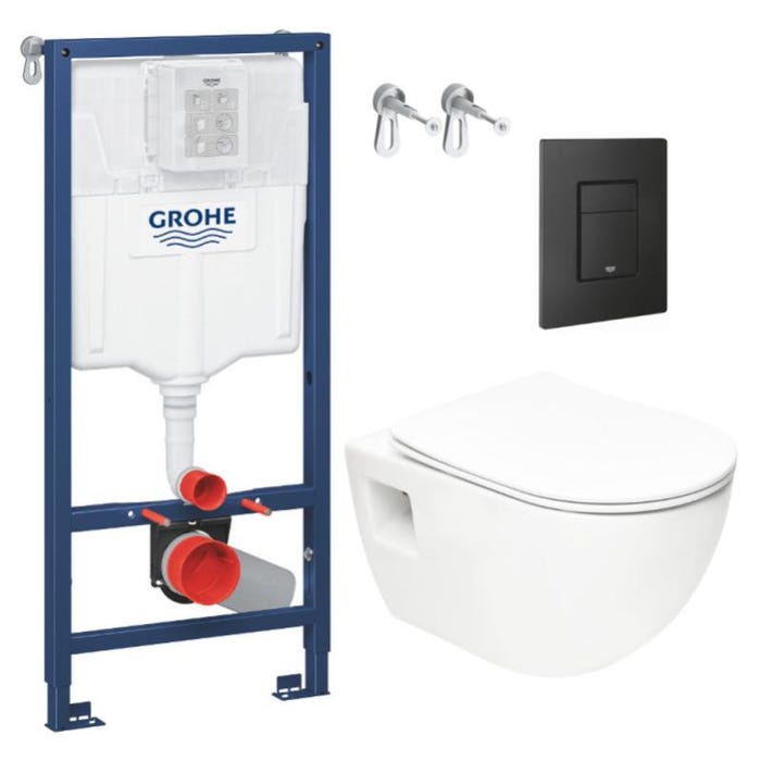 Grohe Pack WC Bâti-support Rapid SL + WC sans bride SAT + Abattant SoftClose + Plaque Noir mat (RapidSL-Project-KF0)