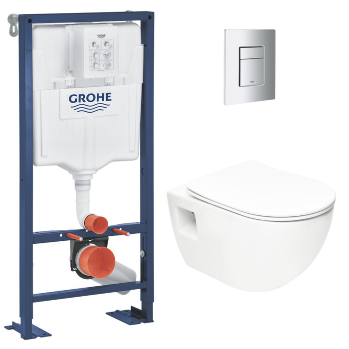 Grohe Pack WC Bâti Autoportant Solido + WC sans bride SAT + Abattant SoftClose + Plaque Chrome (AUTOPORTANT-PROJECT-1)