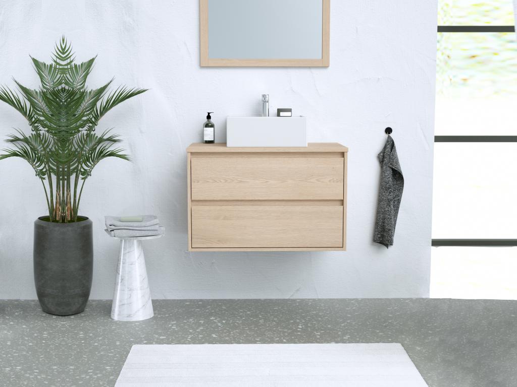 Meuble de salle de bain suspendu avec vasque à poser - Placage chêne