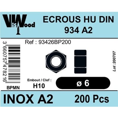 Écrous hexagonaux DIN934 inox A2 M6 200 pièces - VISWOOD 0