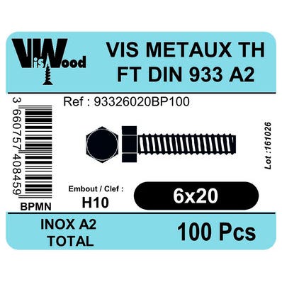 Vis métal inox A2 tête hexagonale 6 x 20 mm 100 pièces - VISWOOD 0