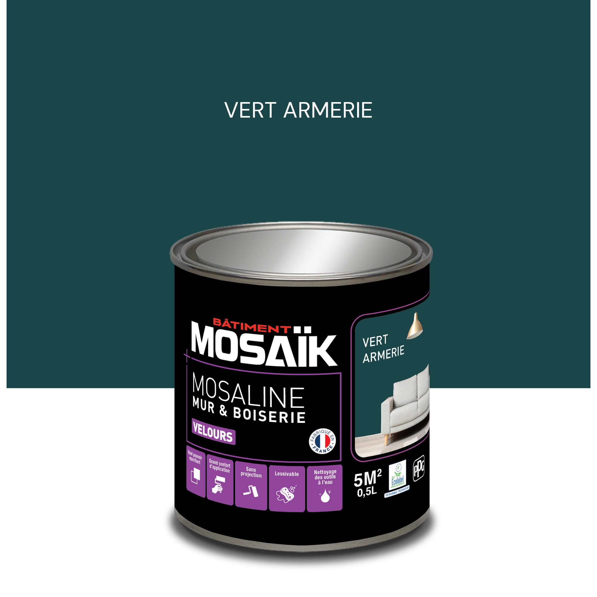 Peinture intérieure multi support acrylique velours vert armerie 0,5 L Mosaline - MOSAIK 0