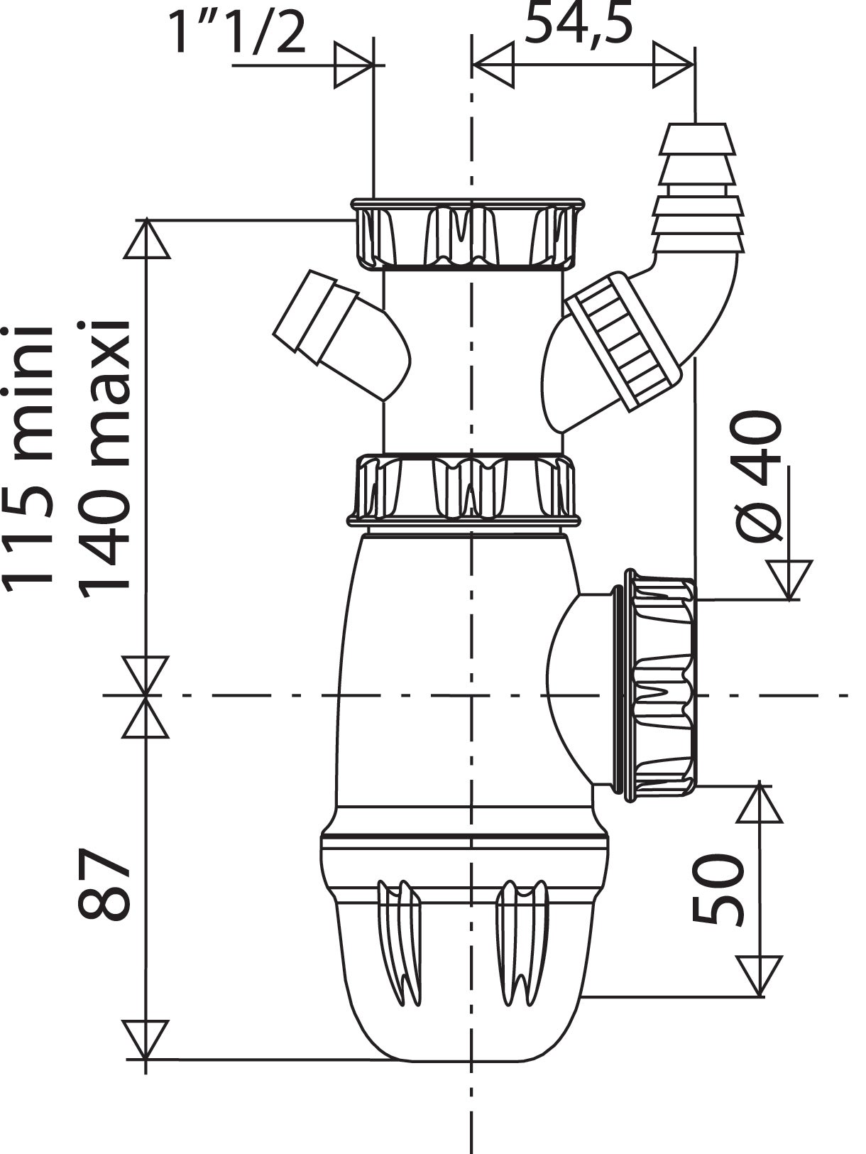 Siphon évier Ø40 avec prise machine à laver et prise trop plein hauteur réglable
