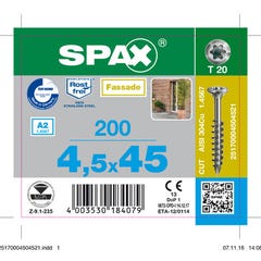 Vis de façade empreinte Torx 4,5 x 45 mm 200 pièces Acier inoxydable - SPAX 0