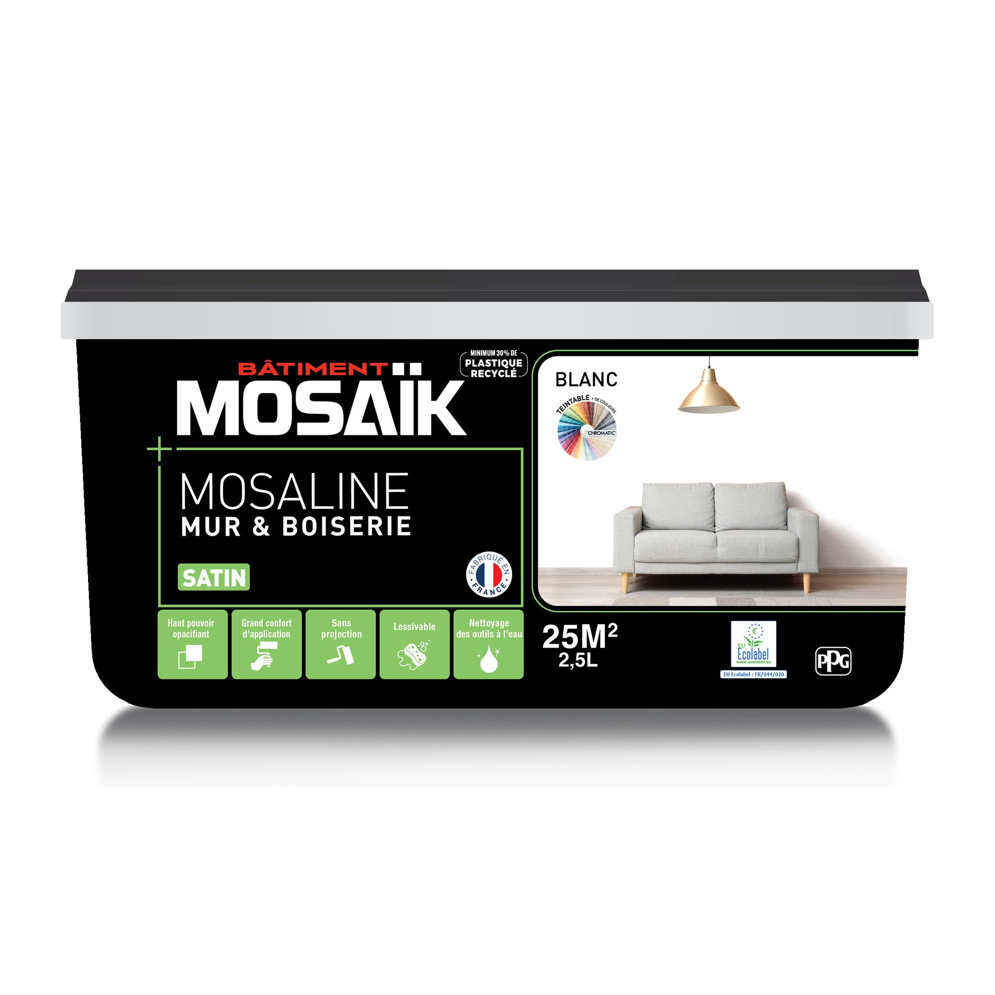 Peinture intérieure multi support acrylique satin blanc 2,5 L Mosaline - MOSAIK 1
