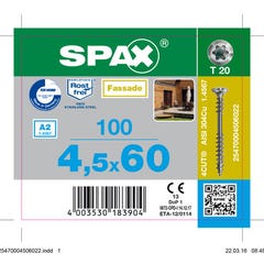 Vis de façade inox A2 empreinte Torx 4,5 x 60 mm 100 pièces - SPAX 0