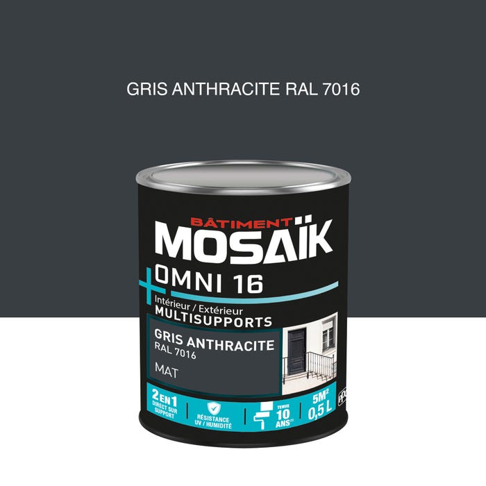 Peinture 2en1 int./ext. multisupport acrylique mat gris antracite RAL7016 0,5 L OMNI16 - MOSAIK 0