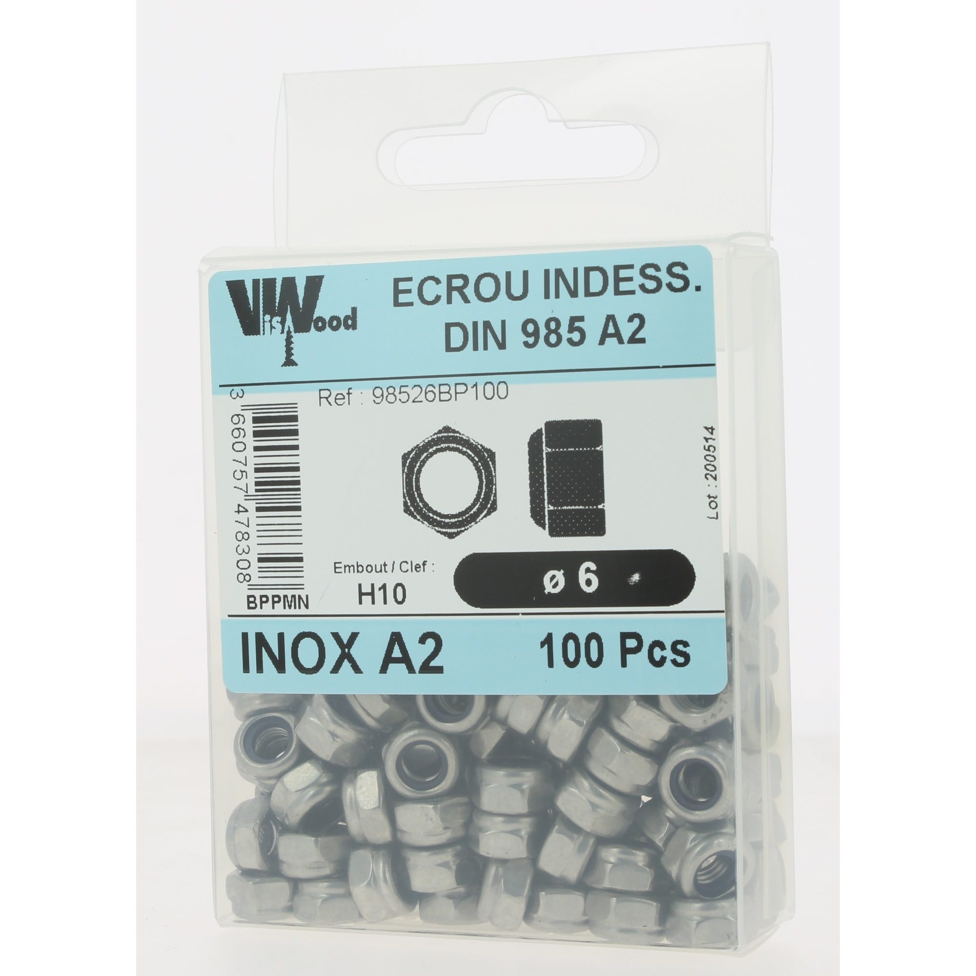 Écrous frein DIN985 inox A2 Diam.6 mm 100 pièces - VISWOOD 1