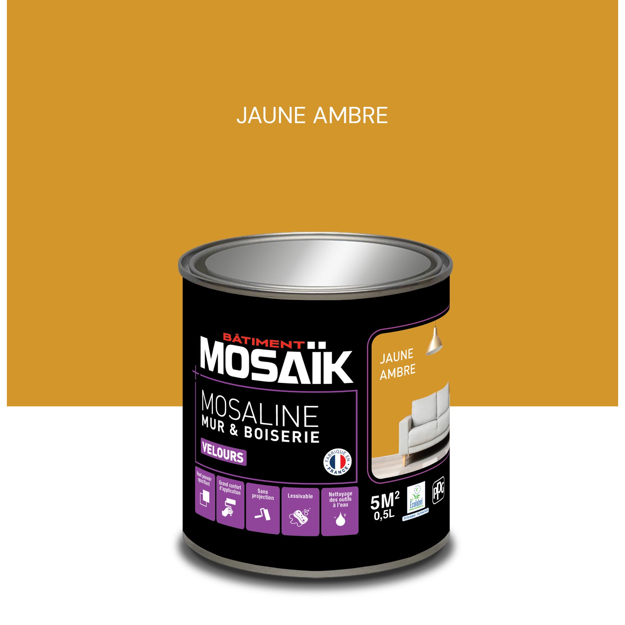 Peinture intérieure multi support acrylique velours jaune ambre 0,5 L Mosaline - MOSAIK 0