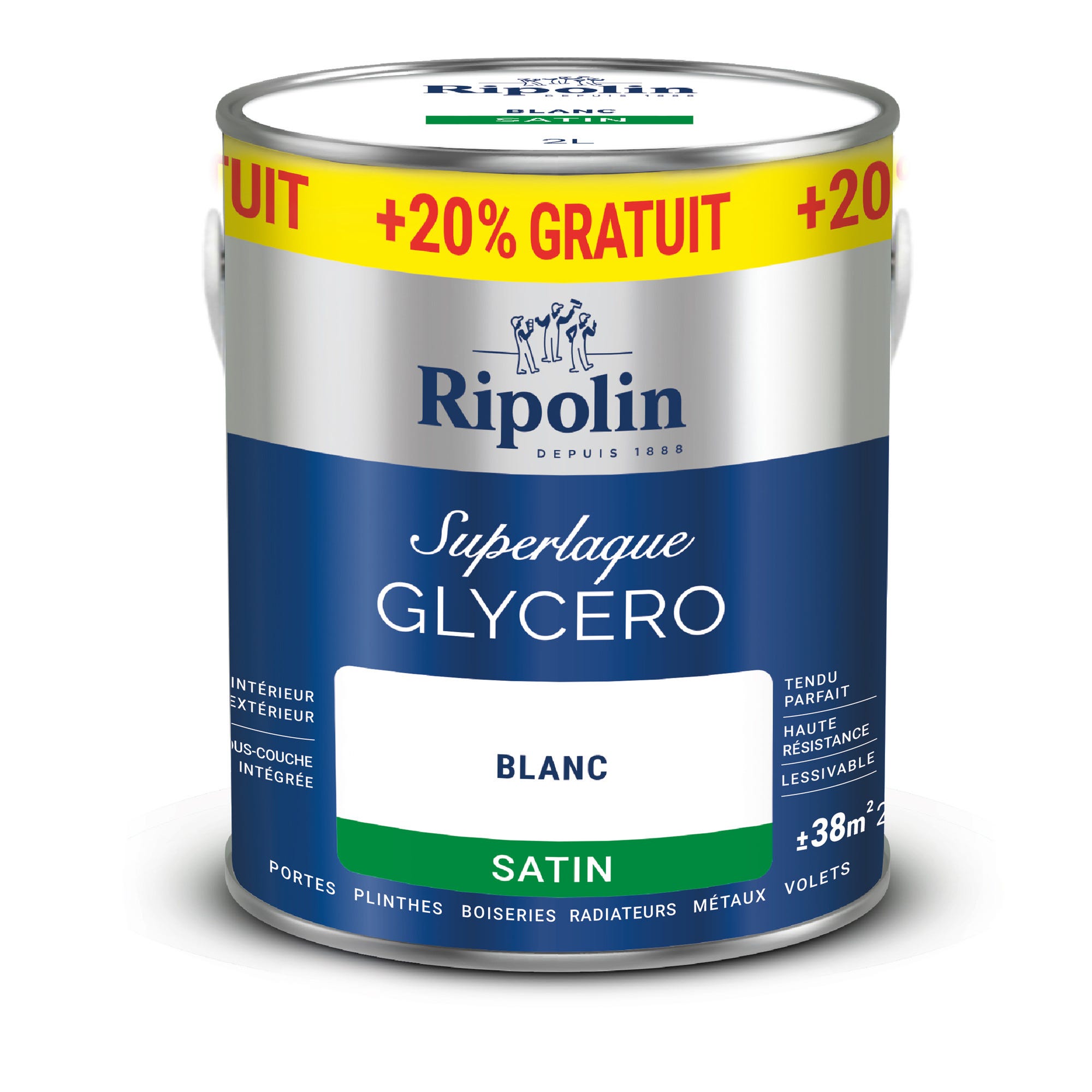 Peinture intérieure et extérieure multi-supports glycéro satin blanc 2 L +20% - RIPOLIN 2