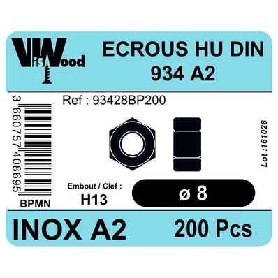 Écrous inox A2 Diam.8 mm 200 pièces - VISWOOD 0