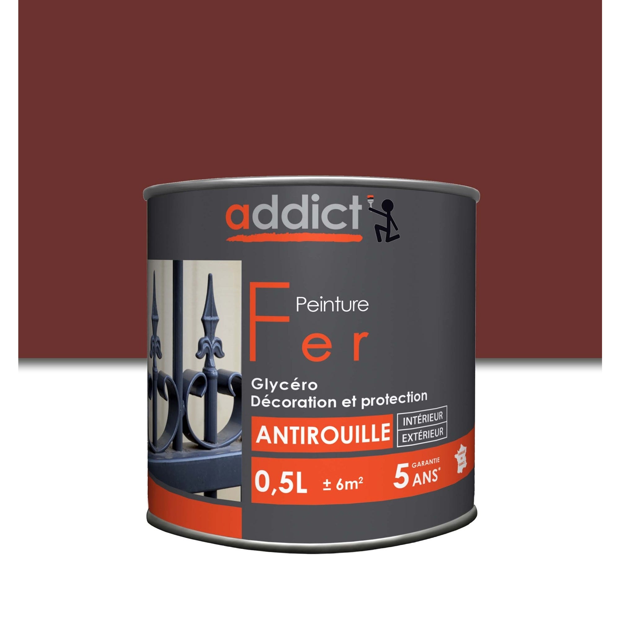 Peinture fer antirouille glycéro int/ext brillant rouge oxyde 0.5 L - ADDICT 0