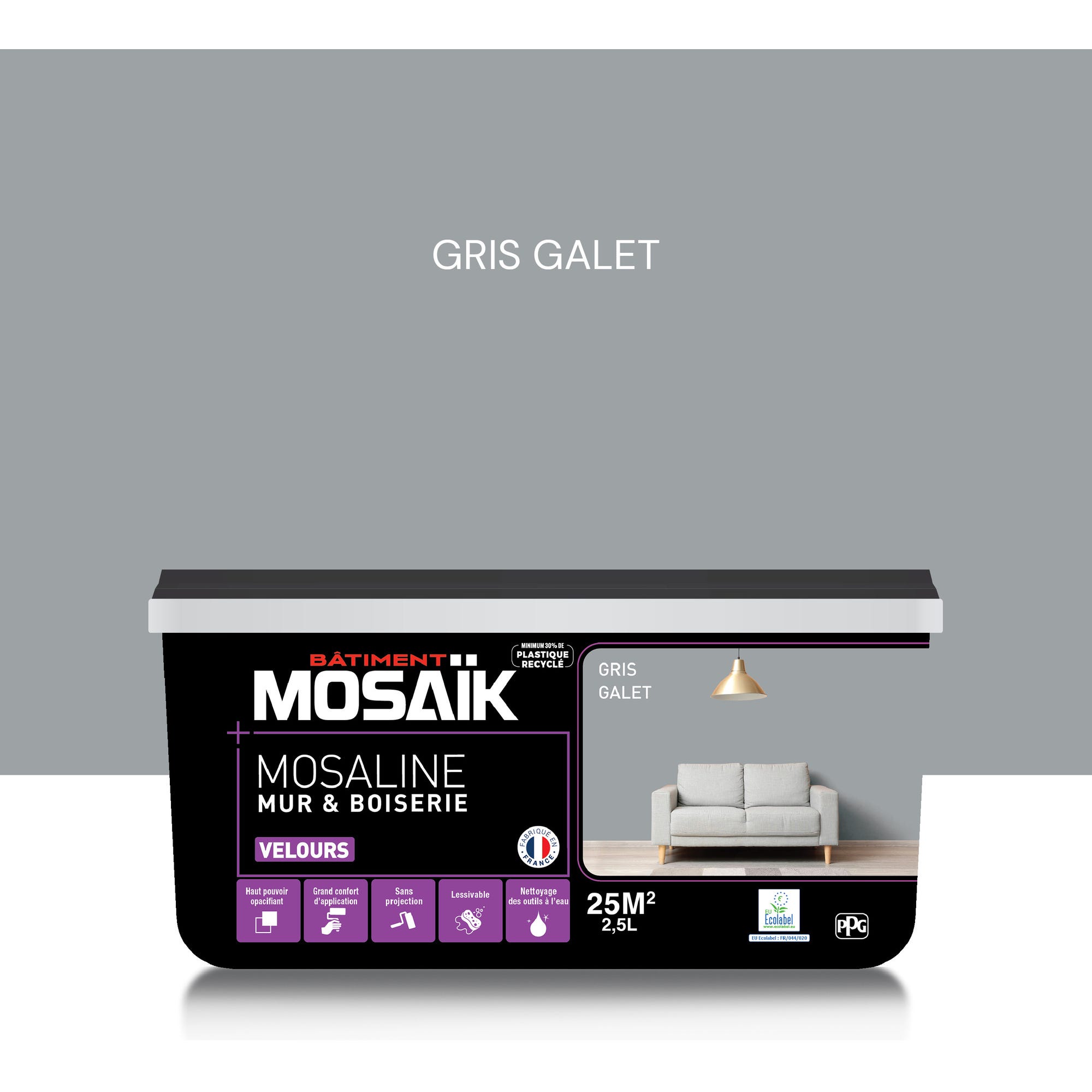 Peinture intérieure multi support acrylique velours gris galet 2,5 L Mosaline - MOSAIK 0