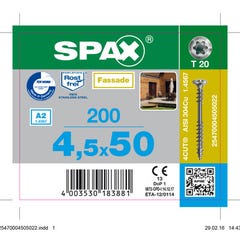 Vis de façade inox A2 empreinte Torx 4,5 x 50 mm 200 pièces - SPAX 0