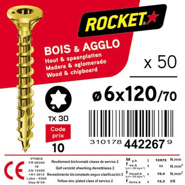 Vis bois Rocket tête fraisée Torx zingué filetage partiel 6x120/75mm