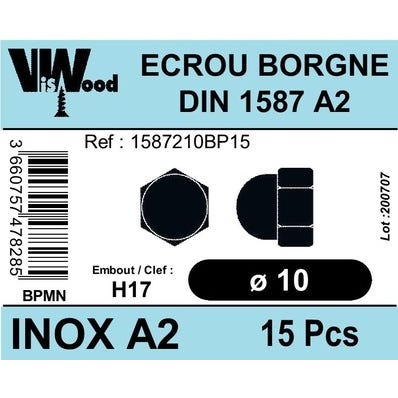 Écrous borgne DIN1587 inox A2 Diam.10 mm 15 pièces - VISWOOD 0