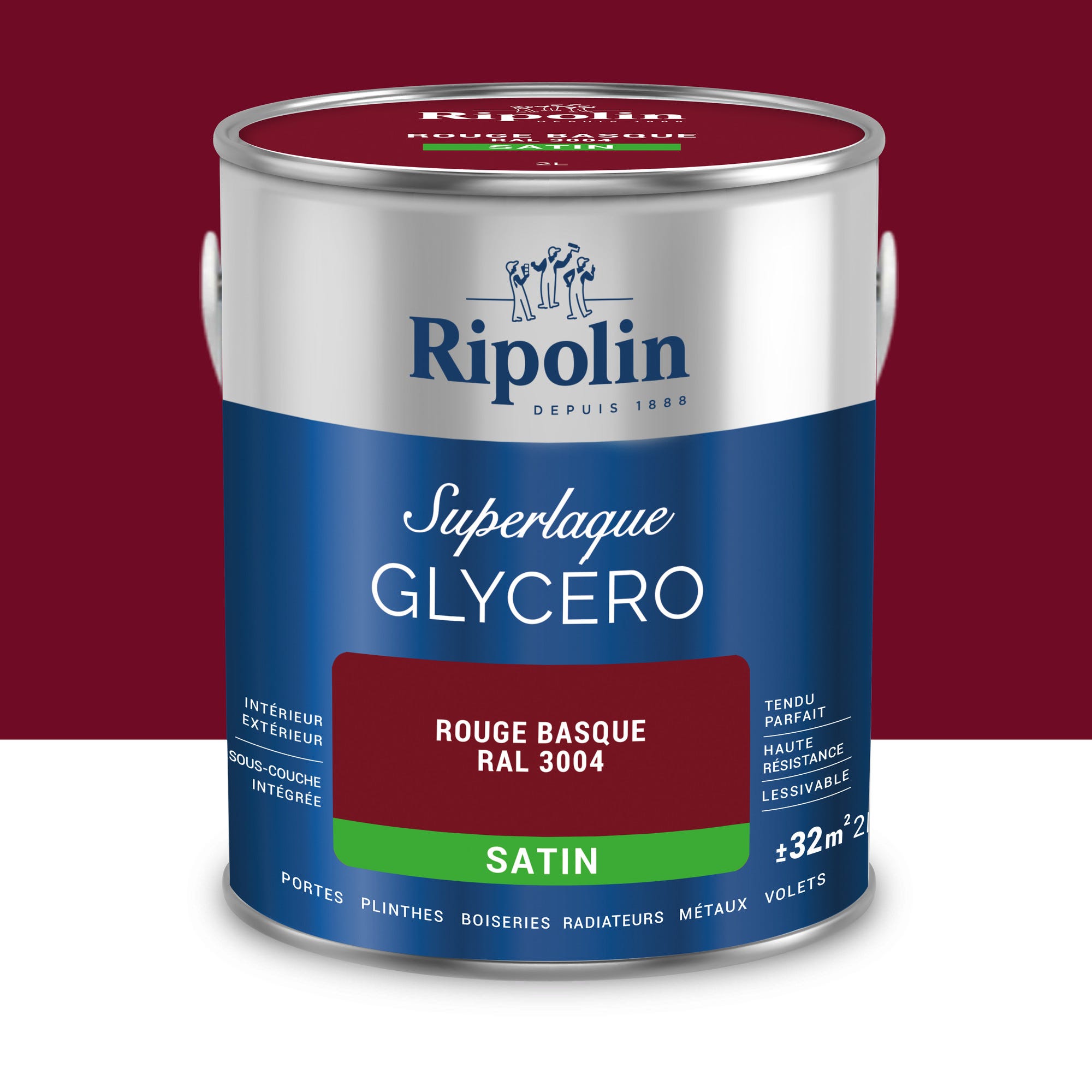 Peinture intérieure et extérieure multi-supports glycéro satin rouge basque 2 L - RIPOLIN 0