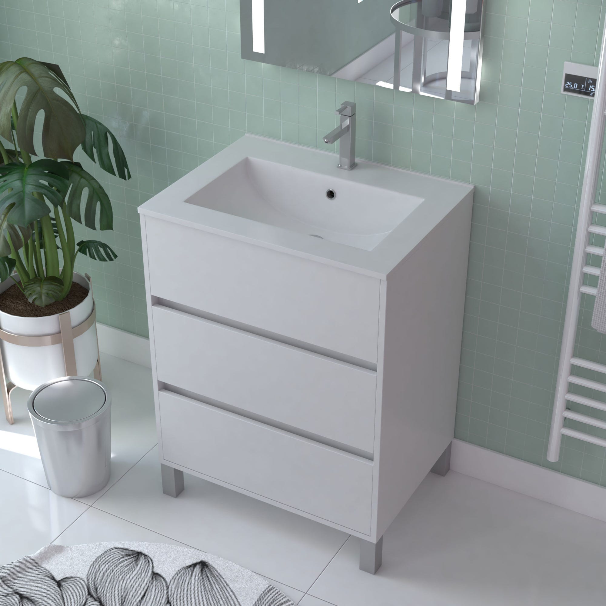 Caisson de salle de bain sur pieds 3 tiroirs l.60 x h.81 x p.45,5 cm décor blanc laqué ATOS 0