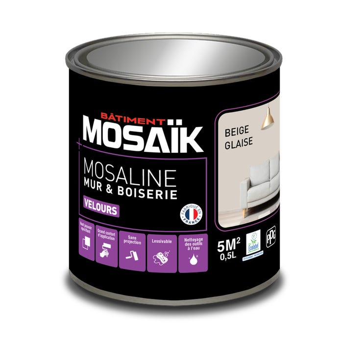 Peinture intérieure multi support acrylique velours beige glaise 0,5 L Mosaline - MOSAIK 2