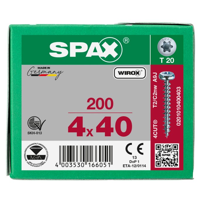 Vis bois agglo tête ronde wirox empreinte Torx filetage total 4 x 40 mm 200 pièces - SPAX 3
