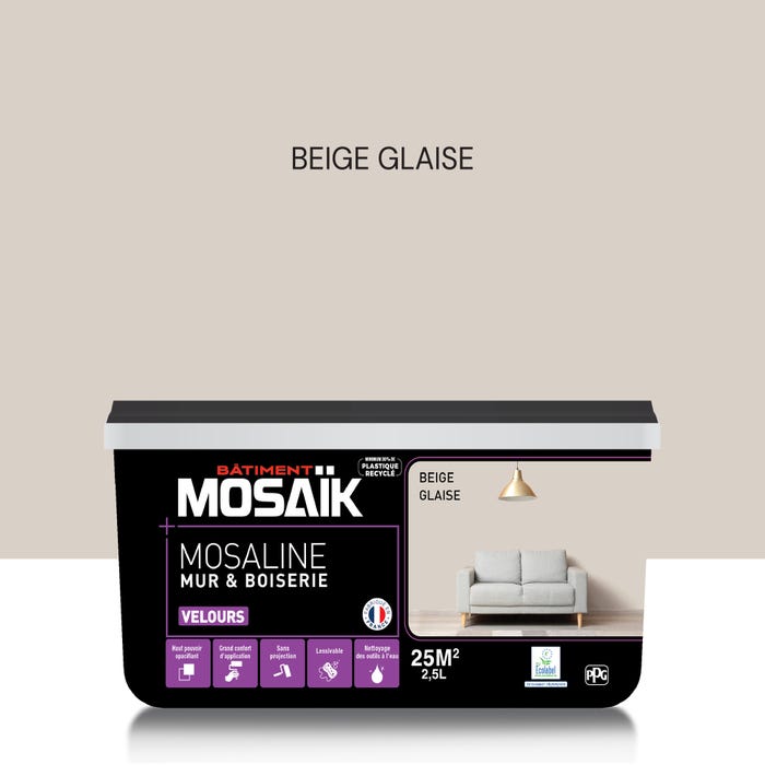 Peinture intérieure multi support acrylique velours beige glaisz 2,5 L Mosaline - MOSAIK 0