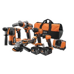 Pack 5 outils sans fil 18v aeg + 2 batteries 5ah perceuse + perforateur + meuleuse + visseuse chocs + lampe jp18b5li-502b
