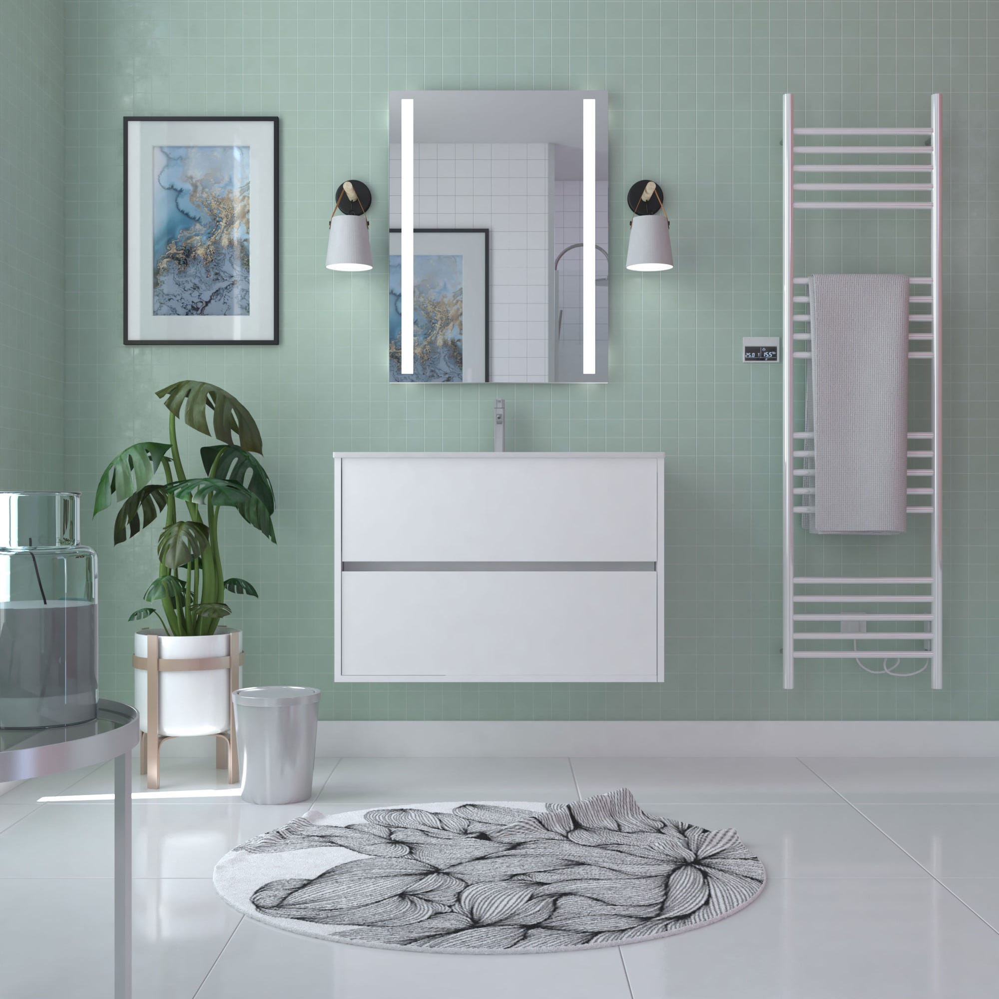 Caisson de salle de bain suspendu 2 tiroirs l.80 x h.54 x p.45,5 cm décor blanc laqué ATOS 0
