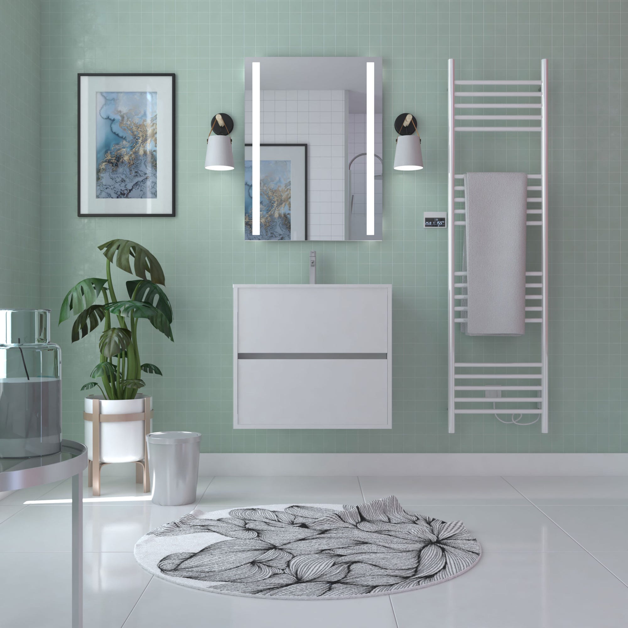 Caisson de salle de bain suspendu 2 tiroirs l.60 x h.54 x p.45,5 cm décor blanc laqué ATOS 1