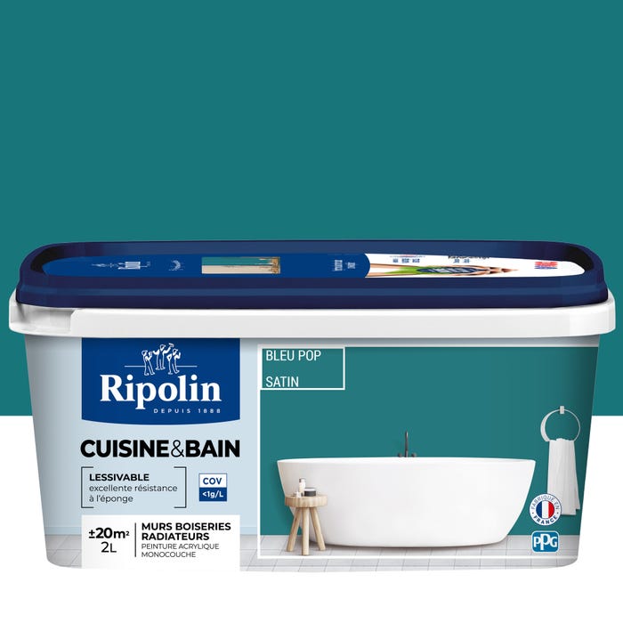 Peinture intérieure multi-supports acrylique satin bleu pop 2 L Cuisine & bain - RIPOLIN 0