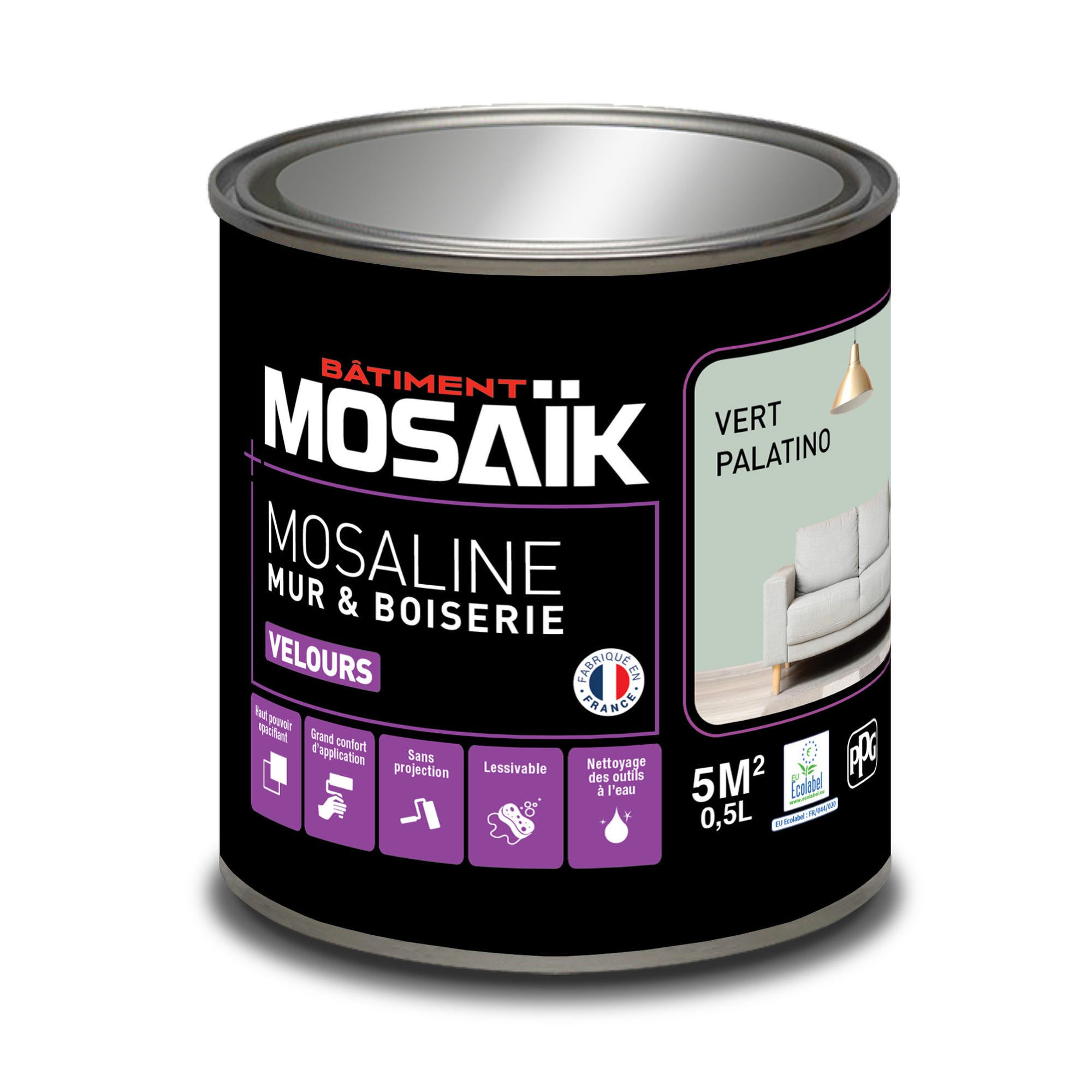 Peinture intérieure multi support acrylique velours vert palatino 0,5 L Mosaline - MOSAIK 2