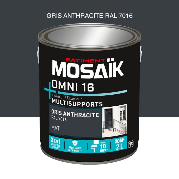Peinture 2en1 int./ext. multisupport acrylique mat gris antracite RAL7016 2 L OMNI16 - MOSAIK 0