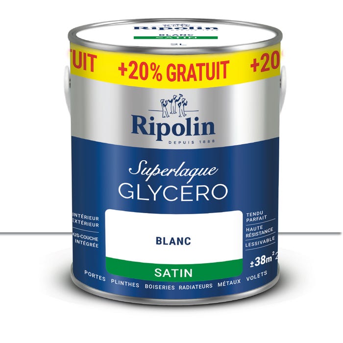Peinture intérieure et extérieure multi-supports glycéro satin blanc 2 L +20% - RIPOLIN 0