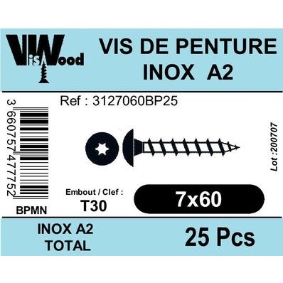 Vis penture torx inox a2 7x60 x25 0