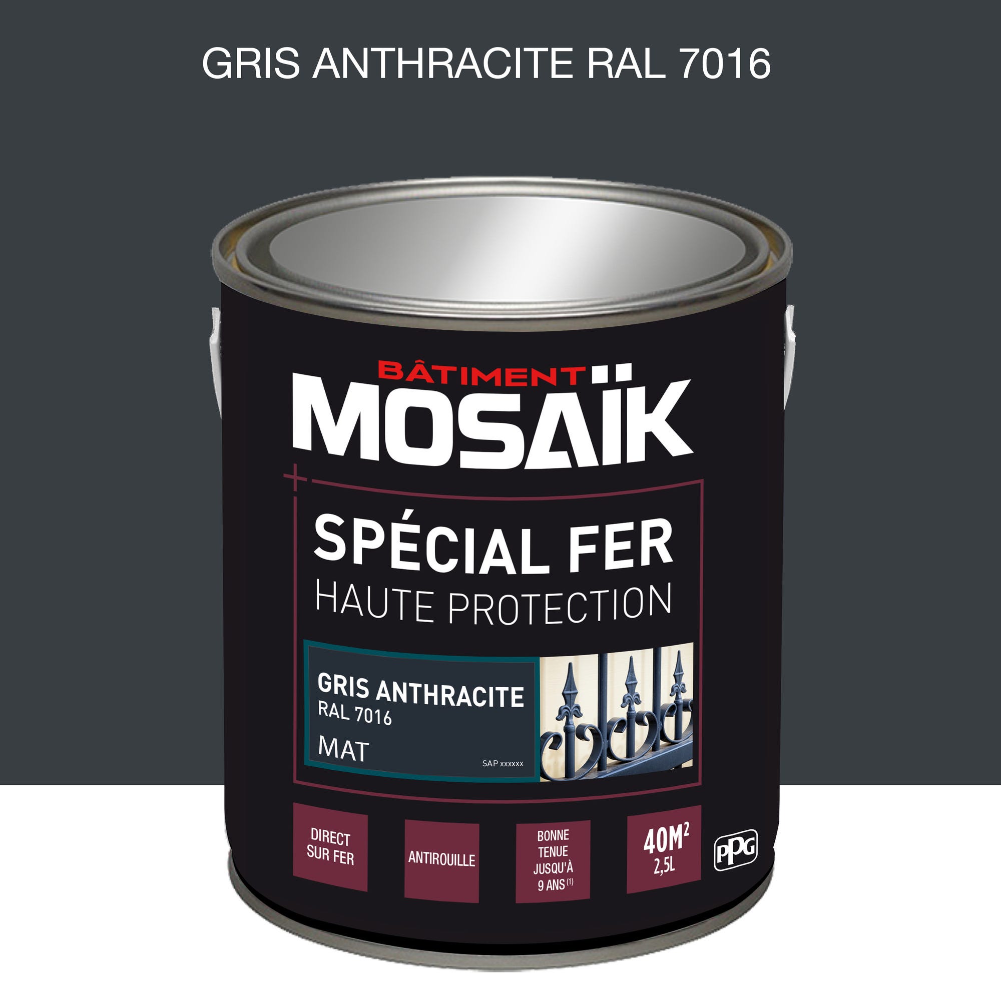 Peinture fer glycéro anti-rouille mat gris anthracite RAL7016 2,5 L - MOSAÏK 0