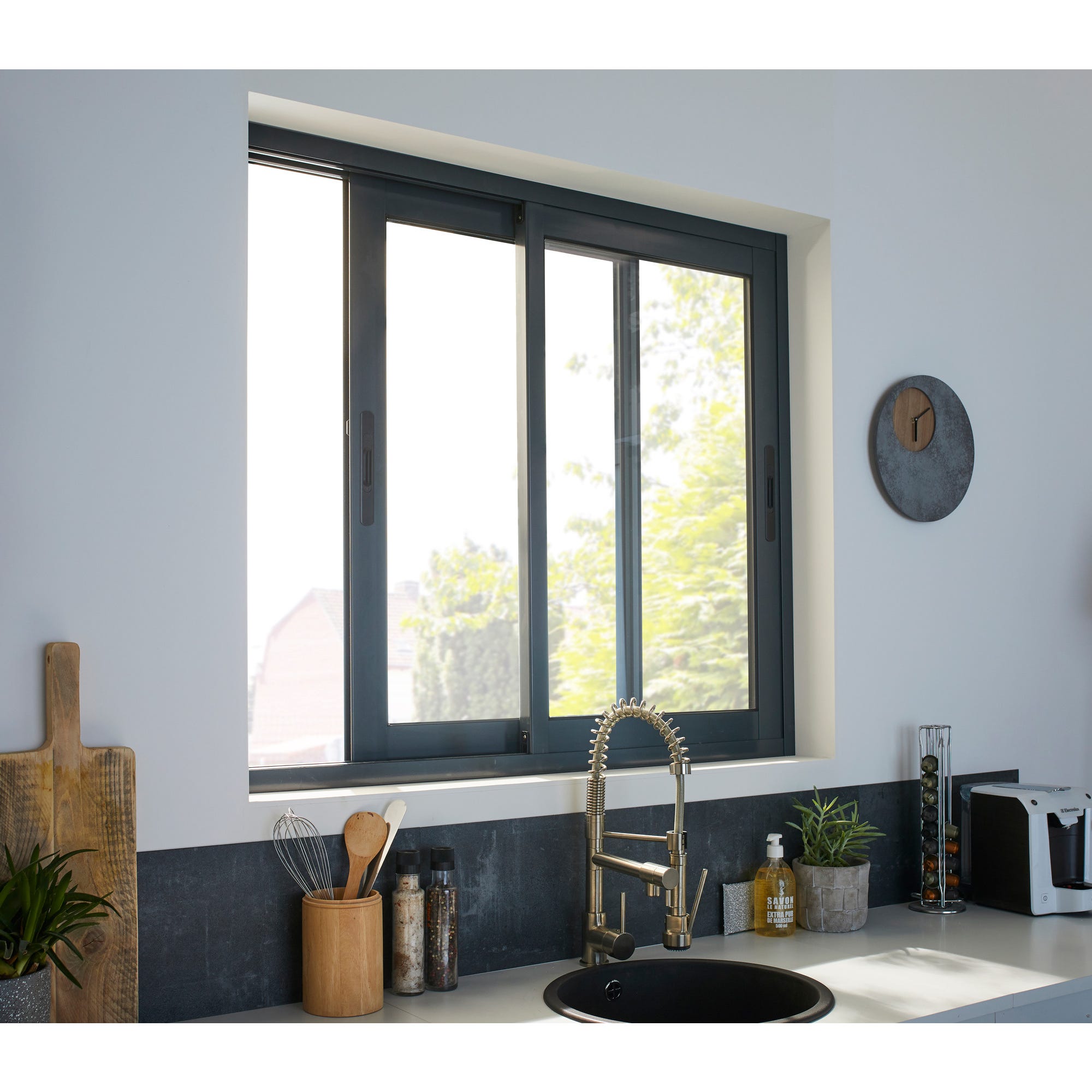Fenêtre aluminium H.105 x l.120 cm coulissant 2 vantaux gris 1